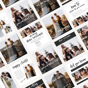 May include: A collage of images promoting photography services. The images feature couples and families in various settings, including outdoor and indoor locations. The text on the images includes phrases like "Mini Sessions", "Join our email list", "Happy Clients", and "Did you know? We offer gift certificates".