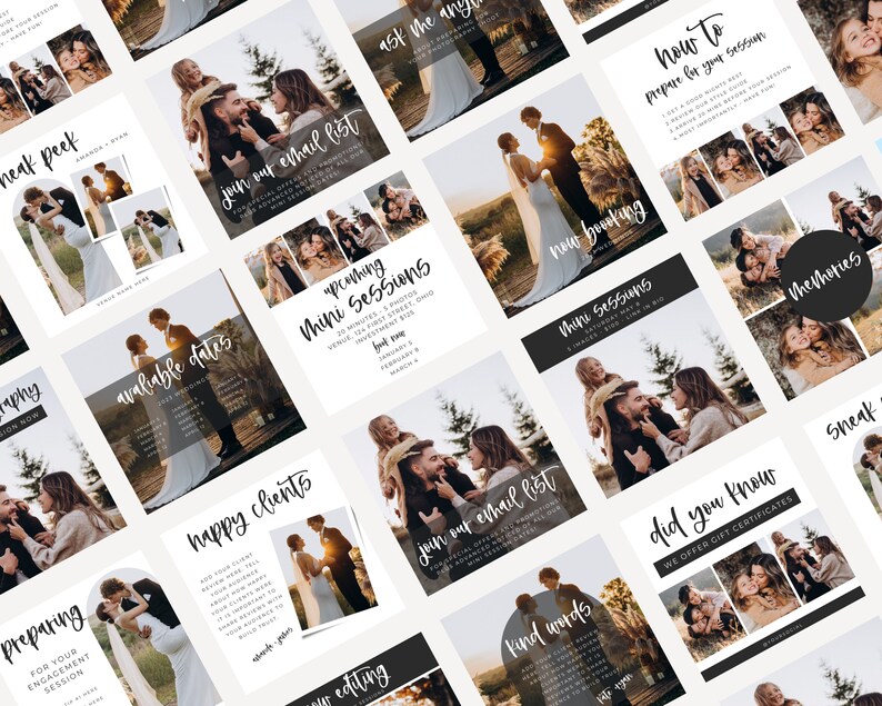 May include: A collage of images promoting photography services. The images feature couples and families in various settings, including outdoor and indoor locations. The text on the images includes phrases like "Mini Sessions", "Join our email list", "Happy Clients", and "Did you know? We offer gift certificates".