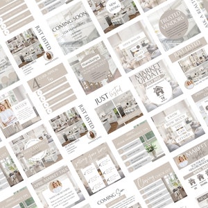 May include: A collection of social media graphics for real estate agents. The graphics feature a variety of images, including homes, kitchens, and people. The graphics also include text, such as "Just Listed", "Coming Soon", and "Market Update".
