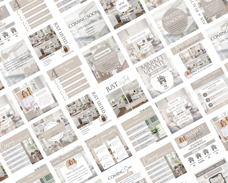 May include: A collection of social media graphics for real estate agents. The graphics feature a variety of images, including homes, kitchens, and people. The graphics also include text, such as "Just Listed", "Coming Soon", and "Market Update".