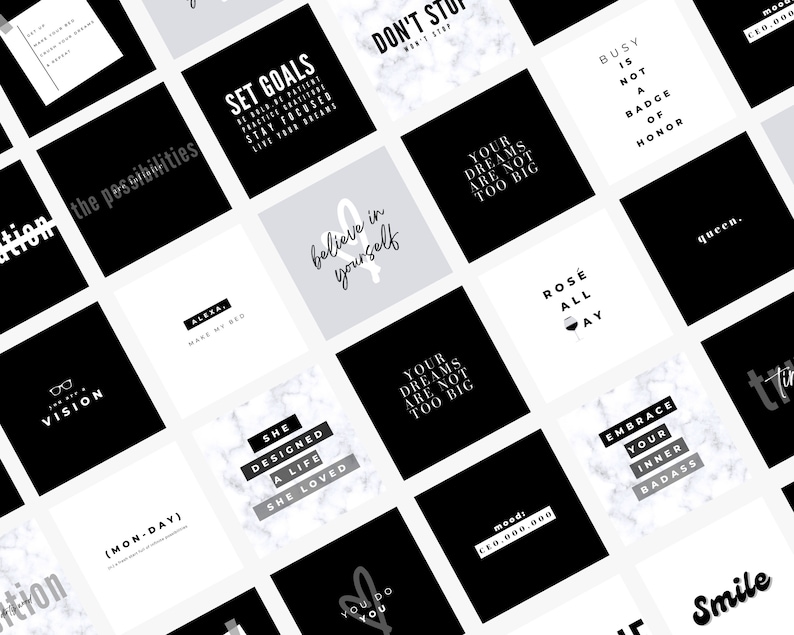 Pu&ograve; includere: Una collezione di carte con citazioni ispiratrici in bianco e nero con sfondi in marmo e grigi. Le citazioni includono "Set Goals", "Believe in Yourself", "Your Dreams Are Not Too Big", "Rose All Day", "Embrace Your Inner Badass", "Don't Stop", "Busy Is Not A Badge Of Honor", "Queen", "Alexa Make My Bed", "Vision", "Mood: CEO,000,000", "Smile", "She Designed A Life She Loved", "(Mon-Day)" e "The Possibilities".