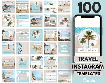 Pode incluir: Uma coleção de 100 modelos de Instagram com tema de viagens para Canva. Os modelos apresentam uma variedade de designs, incluindo fotos de praias, palmeiras e citações de viagens. O texto "TRAVEL INSTAGRAM TEMPLATES Canva" é exibido na parte inferior da imagem.