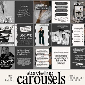 Puede incluir: Una plantilla de marketing digital con nueve publicaciones de carrusel. El diseño presenta una combinación de colores en escala de grises con superposiciones de texto. El texto incluye frases como "Cómo planifico mi semana" y "Resumen de julio". La plantilla está diseñada para ser editada en Canva.