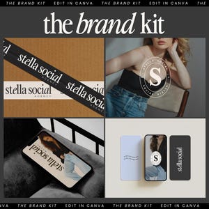 Puede incluir: Imagen promocional para "the brand kit" con elementos de marca y un logotipo. La imagen incluye un logotipo en una caja, una mujer, un teléfono que muestra el logotipo y maquetas de tarjetas de visita y un teléfono. El texto "stella social" es visible.