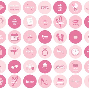May include: Pink and white circle icons with text and illustrations. The icons include text such as "self care", "book now", "courses", "sale", "vacation", "hair tools", "the mom life", "travel", "this or that", "fav outfits", "beauty", "magic", "our clients", "the price list", "Fun", "style", "love", "services", "yoga", "shop", "before and after", "puppy", "our story", "home", "payment", "inspo", and "health".