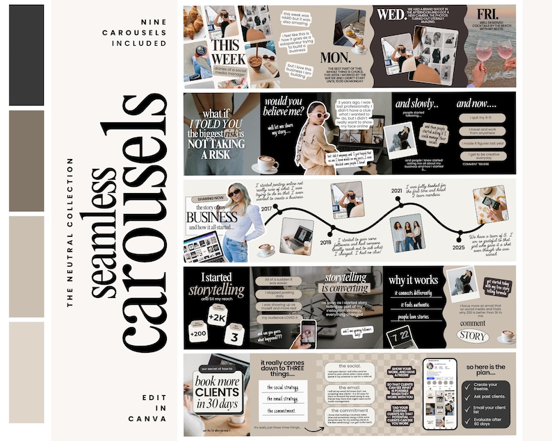 May include: A digital marketing template in a neutral colour scheme. The design includes the text "Seamless Carousels" and "Edit in Canva." The template features a timeline with photos, graphics, and text, including "Book More Clients in 30 Days."
