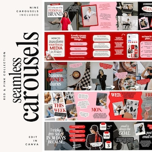 Pode incluir: Uma coleção de nove modelos de carrossel contínuos em vermelho e rosa, projetados para mídias sociais. O design inclui elementos de texto como "Seamless Carousels", "Edit in Canva" e títulos como "Personal Brand" e "Transform Your Social Media in 30 Days".