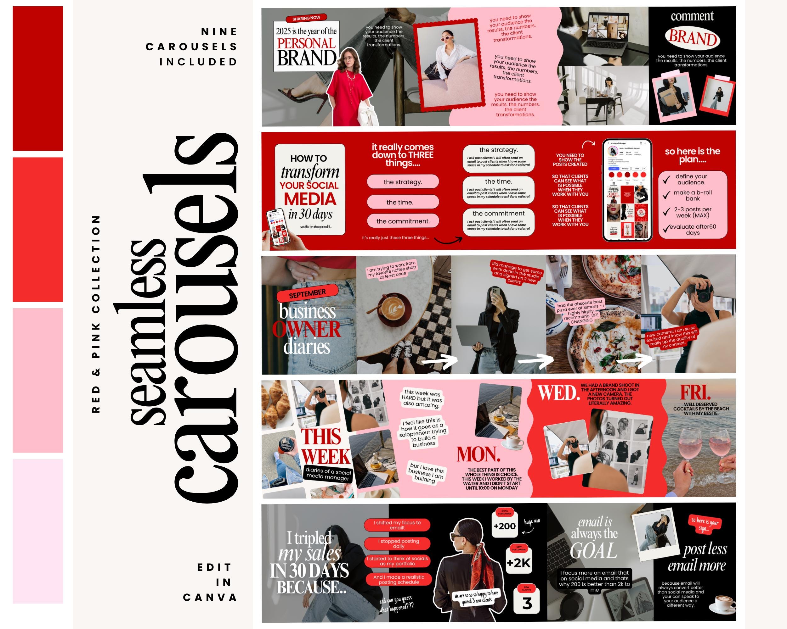 Carousel Templates - Social Media Manager Templates - Seamless Carousels  - Portrait Instagram Posts  - Bold Instagram - Red Social Media