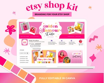 Puede incluir: Un kit de marca de Etsy rosa y blanco con el texto "golden glamour studio" y "Pink Paradise" en una maqueta de pantalla de computadora portátil. El kit incluye una paleta de colores, características del producto y un banner de tienda. El texto "#inspiration" aparece en un fondo rosa y naranja.