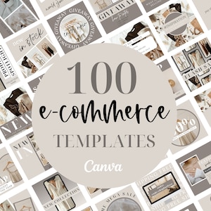 May include: A collage of 100 social media templates for e-commerce businesses. The templates feature a neutral beige colour scheme with black text and images of clothing and accessories. The text includes phrases like "New in Stock", "Flash Sale", and "Free Shipping".