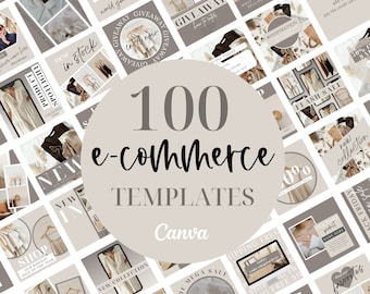 May include: A collage of 100 social media templates for e-commerce businesses. The templates feature a neutral beige color scheme with black text and images of clothing and accessories. The text includes phrases like "New in Stock", "Flash Sale", and "Free Shipping".