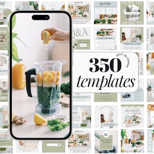 Può includere: Un collage di 350 modelli di social media per Canva, che mostra uno smoothie verde che viene preparato in un frullatore, con un limone che viene spremuto nel frullatore. I modelli sono progettati per la pianificazione, la salute e il benessere.