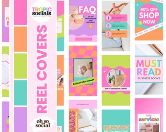 Może przedstawiać: Zbiór kolorowych okładek rolek Instagramowych z tekstem, który zawiera "Tropic Socials", "Reel Covers", "Oh so social", "FAQ", "40% Off Shop Now", "Must Read Business Books", "Behind the Scenes", "How to Organize on a Budget", "Question Are You Investing" i "Our Services".