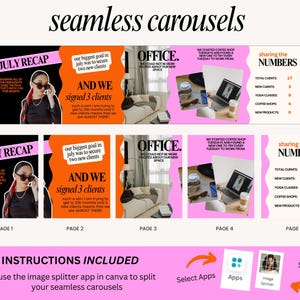May include: A graphic design showcasing a seamless carousel layout with text and images. The design includes sections labeled "July Recap," "Office," and "Sharing the Numbers." Instructions are included to split the design using an image splitter app.