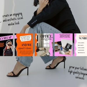 May include: A woman in a black blazer and jeans is featured with a series of social media carousel posts. The posts have pink and black backgrounds with text like "July Recap" and "Office." The image promotes engaging social media content.