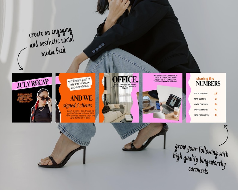 May include: A woman in a black blazer and jeans is featured with a series of social media carousel posts. The posts have pink and black backgrounds with text like "July Recap" and "Office." The image promotes engaging social media content.