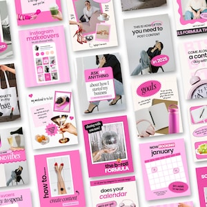 May include: A collage of pink and white images with text overlays. The images include a tote bag, a disco ball, a calendar, a notebook, a clock, and a woman in a dress. The text includes phrases like "What's in my bag", "Ask me anything", "Goals", "Come along for a content day with me", and "Now booking January".