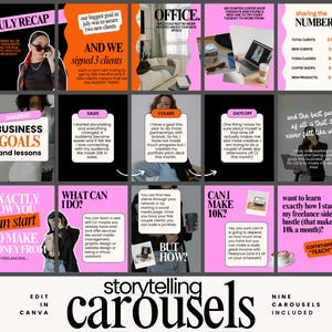 Op de afbeelding: Een verzameling van negen roze en zwarte social media carrousel templates. Elke template bevat tekst en afbeeldingen, met onderwerpen als bedrijfsdoelen, verkoop en freelancen. De tekst "storytelling carousels" staat onderaan de afbeelding.