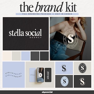 Peut inclure: Un kit de branding avec le texte "the brand kit" et "FULL BRANDING PACKAGE | EDIT IN CANVA". Le kit comprend un logo, une palette de couleurs et des maquettes pour les réseaux sociaux et les cartes de visite. Le logo présente le texte "stella social AGENCY".