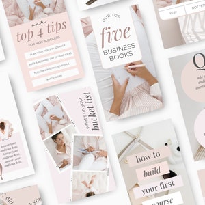 May include: A collection of pink and white social media graphics with text that includes "our top 4 tips for new bloggers", "what's on your bucket list", "our top five business books", "how to build your first course", "Q&A", and "meet design".