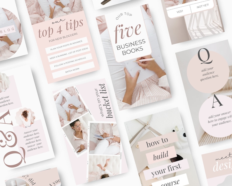 May include: A collection of pink and white social media graphics with text that includes "our top 4 tips for new bloggers", "what's on your bucket list", "our top five business books", "how to build your first course", "Q&A", and "meet design".