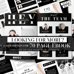 Pu&ograve; includere: Una copertina di ebook in bianco e nero con il testo "HEY I'm Samantha" e "meet THE TEAM". La copertina include anche una foto di una donna con il testo "LOOKING FOR MORE? LINK IN DESCRIPTION FOR 70 PAGE EBOOK TEMPLATES ON THIS PAGE SOLD SEPERATELY"
