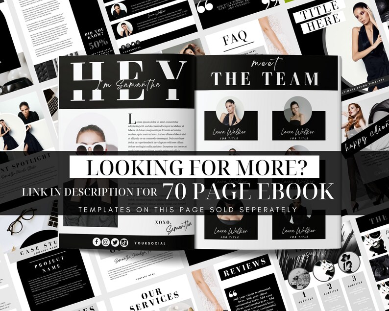 Pu&ograve; includere: Una copertina di ebook in bianco e nero con il testo "HEY I'm Samantha" e "meet THE TEAM". La copertina include anche una foto di una donna con il testo "LOOKING FOR MORE? LINK IN DESCRIPTION FOR 70 PAGE EBOOK TEMPLATES ON THIS PAGE SOLD SEPERATELY"