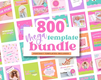 May include: A collage of colorful social media templates with text overlays. The text includes phrases like "Mornings are magic", "a lot can change in a year", "dream.plan.do", and "800 mega template bundle".