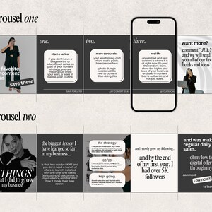 May include: A social media carousel graphic with a black and white theme. The graphic includes text such as "our favorite July content ideas" and "5 things that I did to grow my business." The graphic also features images of a woman.