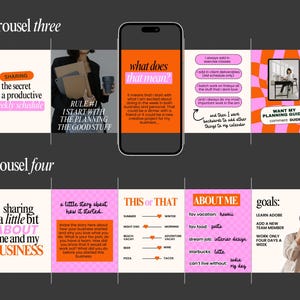May include: A digital marketing carousel with text and graphics. The slides discuss productivity, planning, and business goals. The color scheme includes pink, orange, and white. Text includes "Sharing the secret to a productive weekly schedule" and "About Me and My Business."