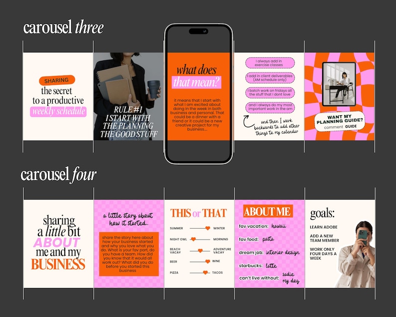 May include: A digital marketing carousel with text and graphics. The slides discuss productivity, planning, and business goals. The color scheme includes pink, orange, and white. Text includes "Sharing the secret to a productive weekly schedule" and "About Me and My Business."