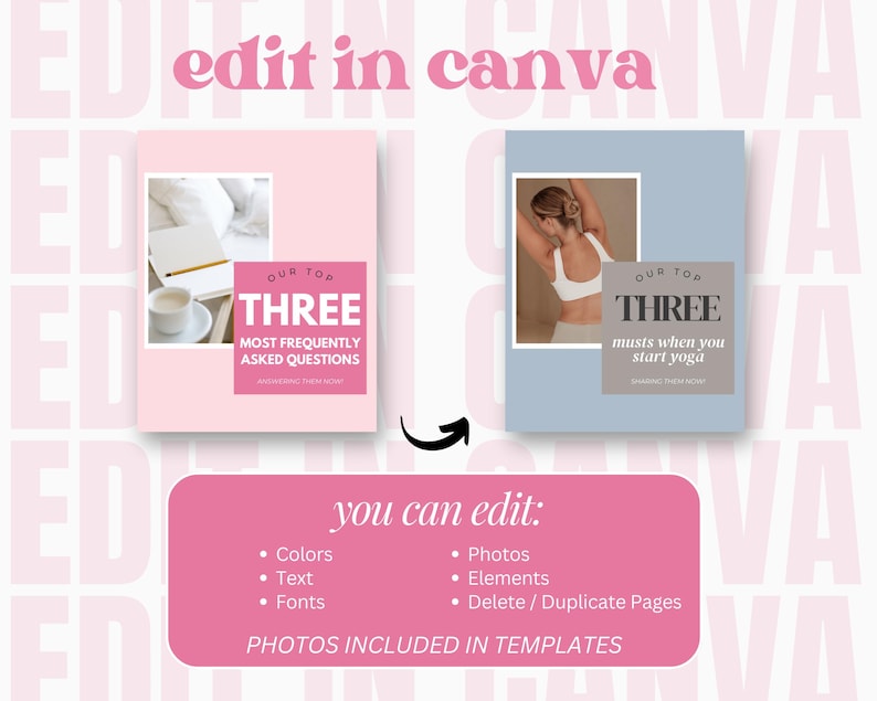 May include: Two pink and blue social media templates with text that reads "Our Top Three" and "Most Frequently Asked Questions" on the pink template and "Our Top Three" and "Musts When You Start Yoga" on the blue template. The text "You Can Edit" is written in white on a pink background. Below the text are bullet points listing the editable elements: Colors, Text, Fonts, Photos, Elements, Delete/Duplicate Pages. The text "Photos Included in Templates" is written in white on a pink background.