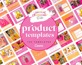 Op de afbeelding: Een verzameling van 100 roze en oranje social media-sjablonen voor Canva. De sjablonen bevatten tekstoverlays zoals "productsjablonen", "golden glamour studio", "onze jaarlijkse zomeruitverkoop", "gratis verzending" en "giveaway".