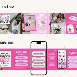 Pode incluir: Um design gr&aacute;fico rosa e branco para marketing de m&iacute;dia social. O design inclui texto como "Personal Brand", "Transforme sua m&iacute;dia social em 30 dias" e um mockup de telefone.