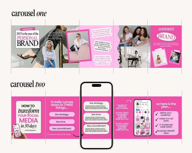 Pode incluir: Um design gr&aacute;fico rosa e branco para marketing de m&iacute;dia social. O design inclui texto como "Personal Brand", "Transforme sua m&iacute;dia social em 30 dias" e um mockup de telefone.