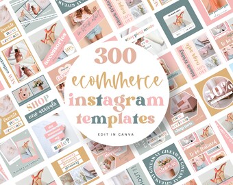 Pode incluir: Uma coleção de 300 modelos do Instagram para empresas de comércio eletrônico. Os modelos apresentam uma variedade de cores e designs, incluindo rosa, azul e verde. O texto "300 modelos do Instagram para o comércio eletrônico" está escrito em uma fonte grande e em negrito. O texto "Editar no Canva" está escrito em uma fonte menor abaixo do texto principal.