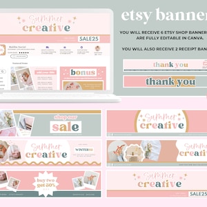 May include: A set of six Etsy shop banners and two receipt banners in pink, gold, and grey with the text "Summer Creative" and "SALE25". The banners are fully editable in Canva.