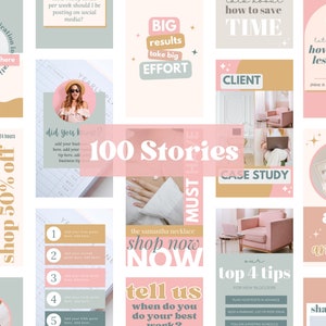 May include: A collection of 100 Instagram story templates in pastel colors. The templates feature text overlays with phrases like "Shop Now," "Top 4 Tips," and "Ask Me Anything." The design includes images and graphic elements.