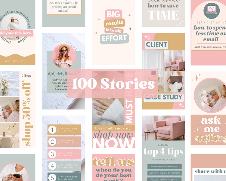 May include: A collection of 100 Instagram story templates in pastel colors. The templates feature text overlays with phrases like "Shop Now," "Top 4 Tips," and "Ask Me Anything." The design includes images and graphic elements.