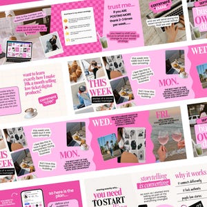 Pode incluir: Uma cole&ccedil;&atilde;o de gr&aacute;ficos de m&iacute;dia social rosa e branco com texto. Os gr&aacute;ficos incluem frases como "Como eu posto 2x por semana e ainda ganho 10k" e "Business Owner Diaries". As imagens apresentam fotos e ilustra&ccedil;&otilde;es.