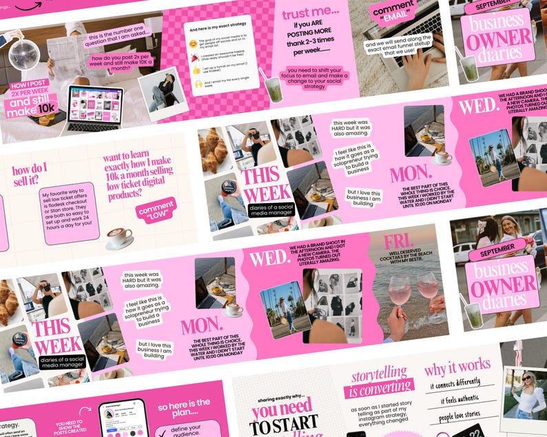 Pode incluir: Uma cole&ccedil;&atilde;o de gr&aacute;ficos de m&iacute;dia social rosa e branco com texto. Os gr&aacute;ficos incluem frases como "Como eu posto 2x por semana e ainda ganho 10k" e "Business Owner Diaries". As imagens apresentam fotos e ilustra&ccedil;&otilde;es.
