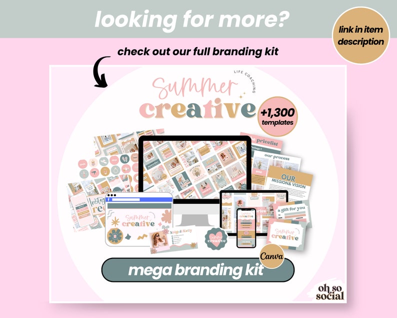 May include: A digital marketing branding kit with over 1,300 templates for Canva. The kit features a pink and peach colour scheme with the text "Summer Creative" and a graphic of a flower. The kit includes templates for social media, website, and other marketing materials.