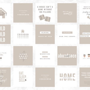 May include: A collage of 16 beige and white squares with text and illustrations related to real estate. Some of the text includes "new listing", "sold", "realtor fuel", "home sweet home", "abundance", "you had me at upstairs laundry", and "you can never have too many pillows".