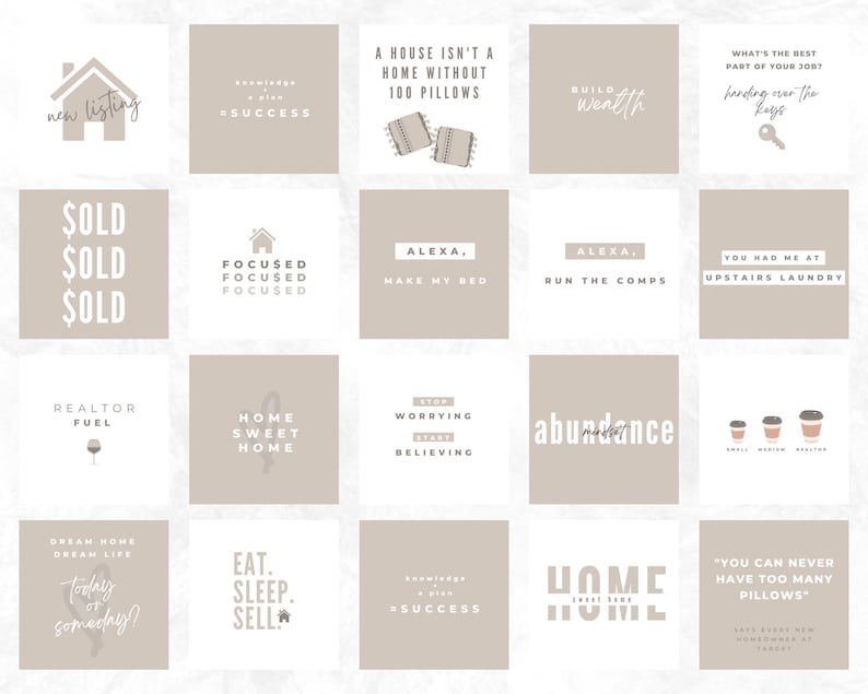 May include: A collage of 16 beige and white squares with text and illustrations related to real estate. Some of the text includes "new listing", "sold", "realtor fuel", "home sweet home", "abundance", "you had me at upstairs laundry", and "you can never have too many pillows".