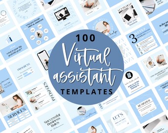 May include: A blue and white graphic with the text "100 Virtual Assistant Templates". The graphic features a variety of social media post templates for virtual assistants, including tips, services, and packages.