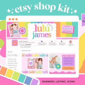 May include: Etsy shop kit for handmade gifts, featuring a pink and green color scheme. The kit includes banners, listings, and icons. The shop name is "Lulu James" and the tagline is "Stationary, Gifts and so much more!"