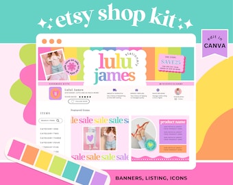 May include: Etsy shop kit for handmade gifts, featuring a pink and green colour scheme. The kit includes banners, listings, and icons. The shop name is "Lulu James" and the tagline is "Stationary, Gifts and so much more!"