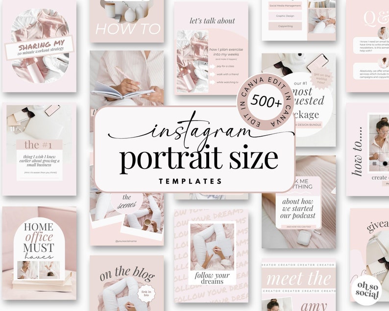 May include: A collection of pink and white Instagram post templates with text overlays. The text includes "How To", "Sharing My", "Let's Talk About", "The #1", "Home Office Must Haves", "On The Blog", "Follow Your Dreams", "Meet The", "How To", "Oh So Social", and "Give Away".
