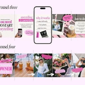 Pode incluir: Gr&aacute;fico rosa e branco com texto sobre storytelling e dicas de neg&oacute;cios. A imagem inclui um smartphone, um laptop e fotos. O texto inclui frases como "Voc&ecirc; precisa come&ccedil;ar a contar hist&oacute;rias" e "Business Owner Diaries."