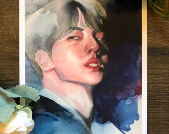 May include: A watercolour painting of a person with silver hair and blue eyes. The person is wearing a blue shirt and has a serious expression on their face.
